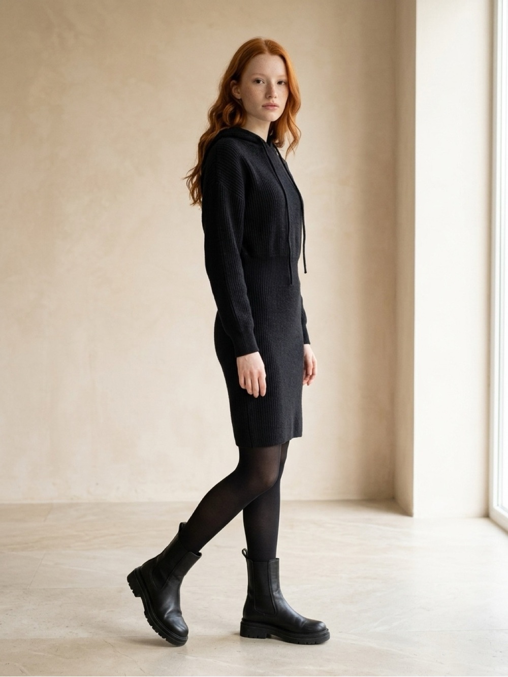 Black Ribbed Hoodie Midi Dress